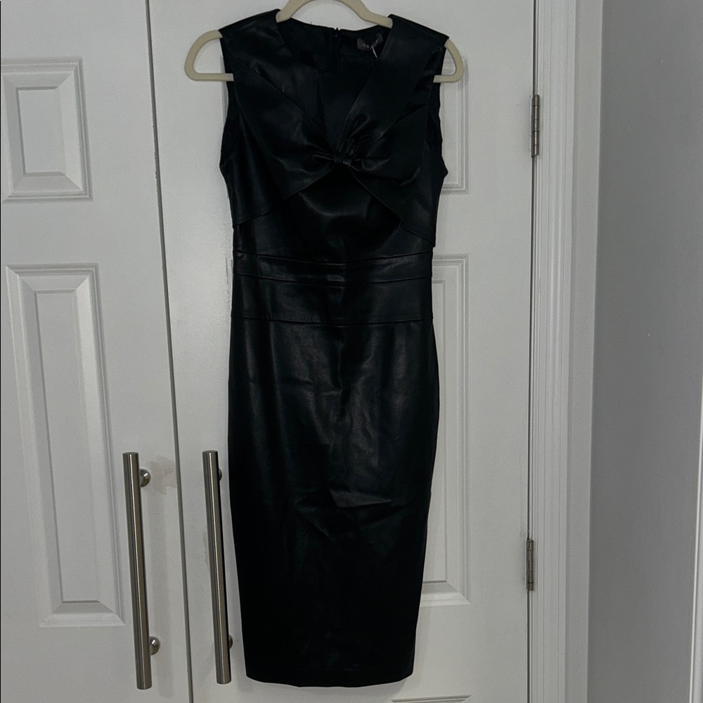 Black Faux-Leather Midi Sheath Dress with Twist Detail